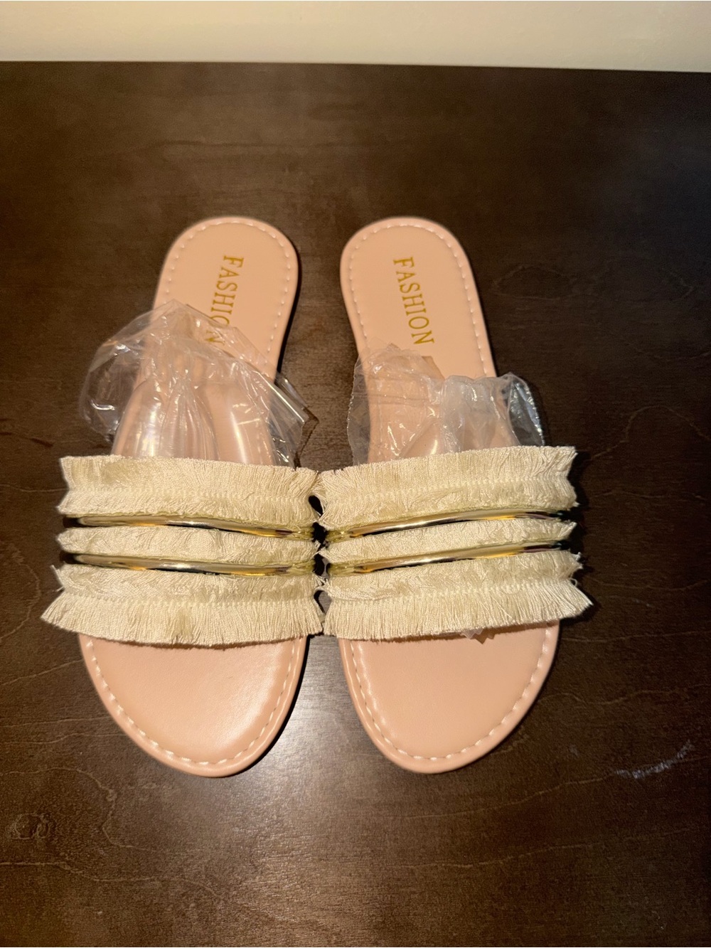 Fashion Beige Fringe Slide Sandals with Gold Accent